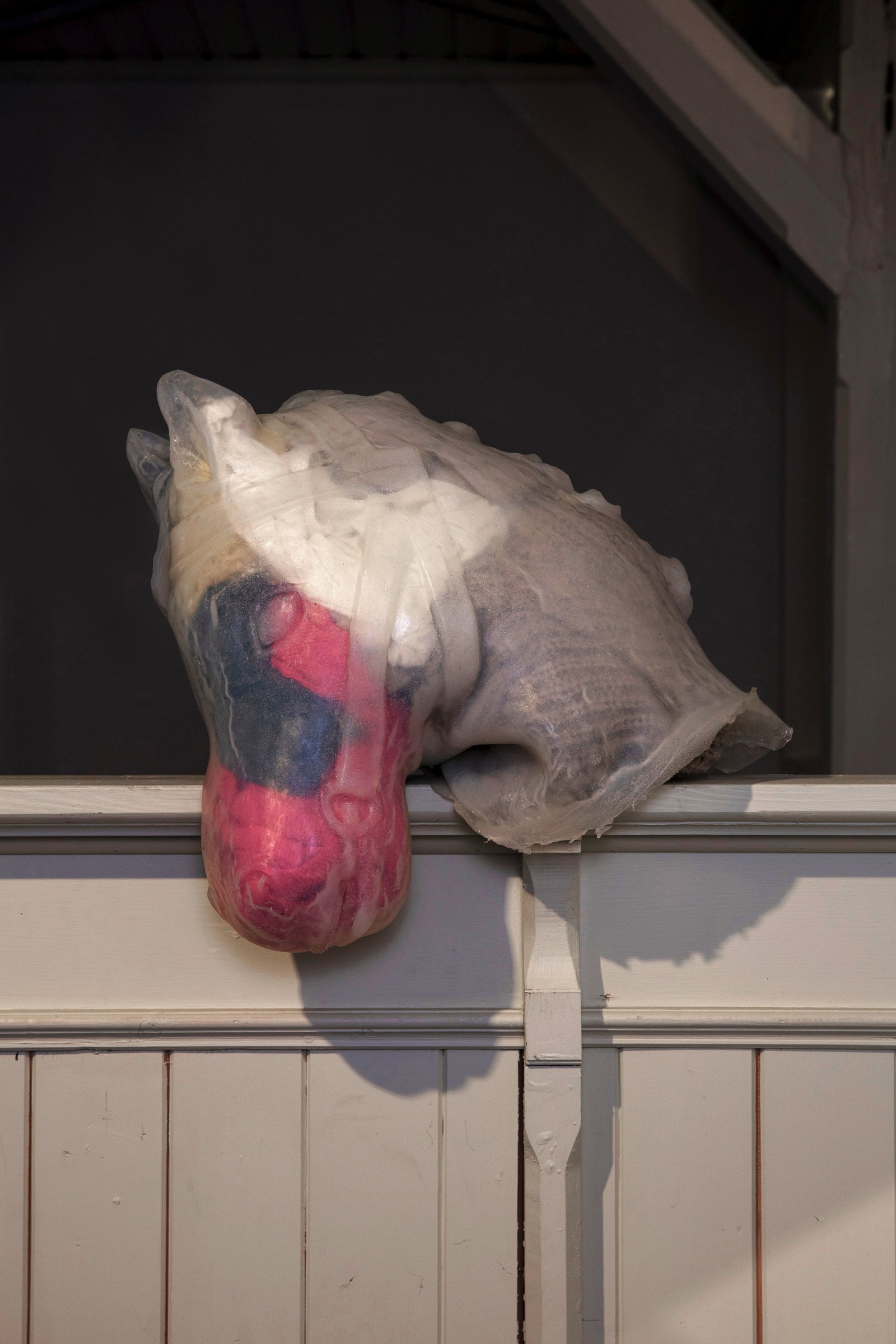 horse head silicone sculpture clothes artwork by Irish artist Anna Clawson